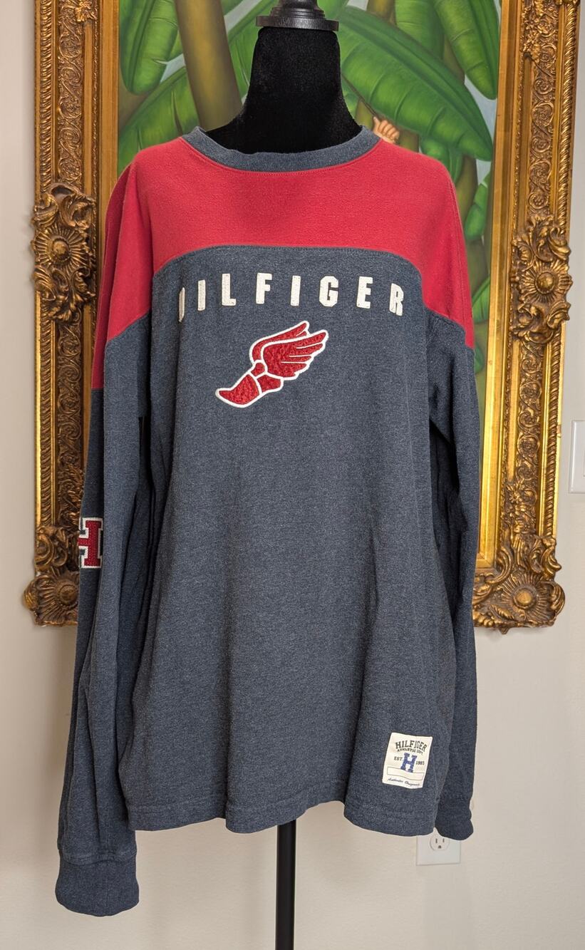 VINTAGE 90s Tommy Hilfiger Flying Foot Winged Shoe Jersey Shirt Mens Gray Red